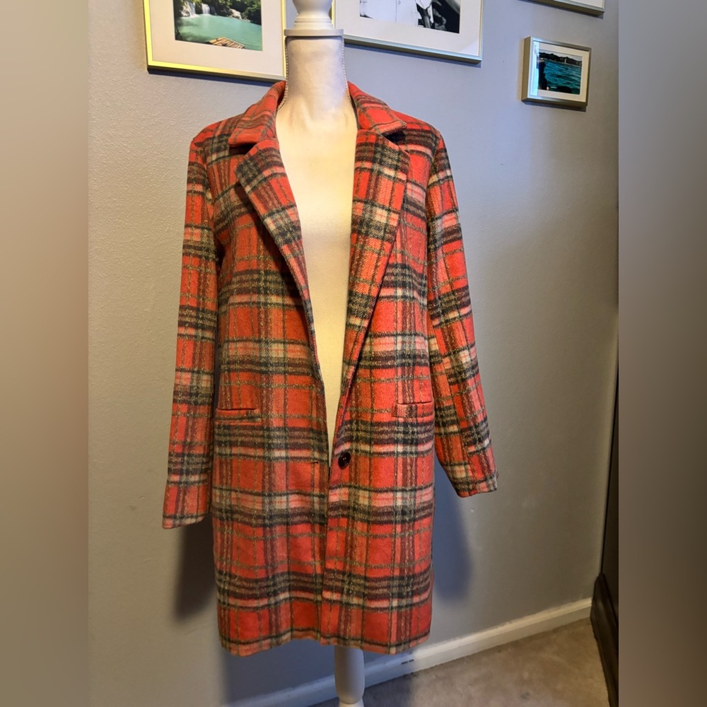 Women's Coral Plaid Pea Coat